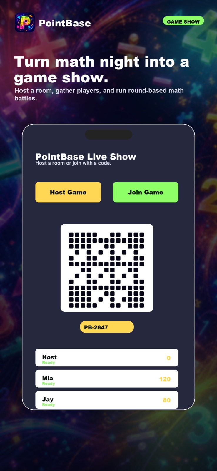 PointBase Game Show Mode with a game code and players ready to compete.